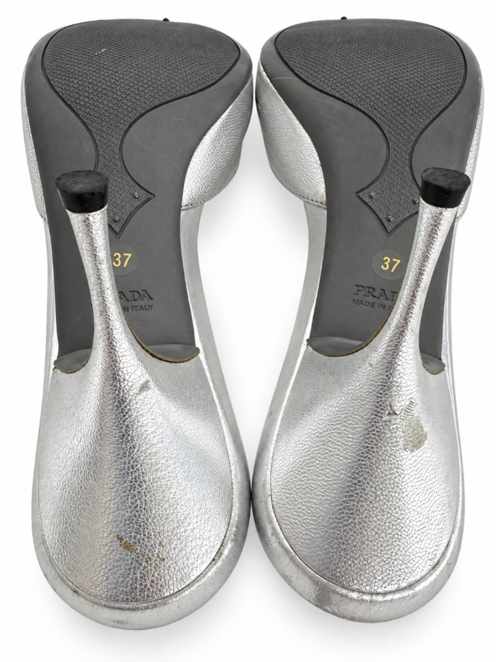 Prada Silver Metallic Leather Open Toe Mule Heels Sandals Size 37 - Picture 11 of 16
